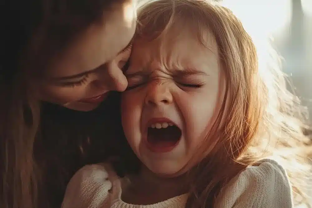 joven madre consola su hija llorando casa