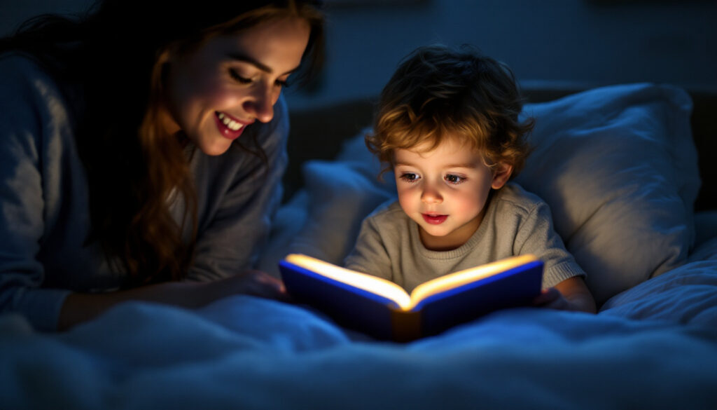 madre leyendo cuento a su hijo en la cama con luz suave