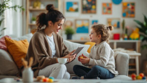 madre leyendo libro a su hija en sofa con decoracion colorida