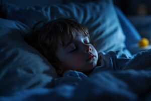 niño durmiendo en cama con luz suave y fondo oscuro