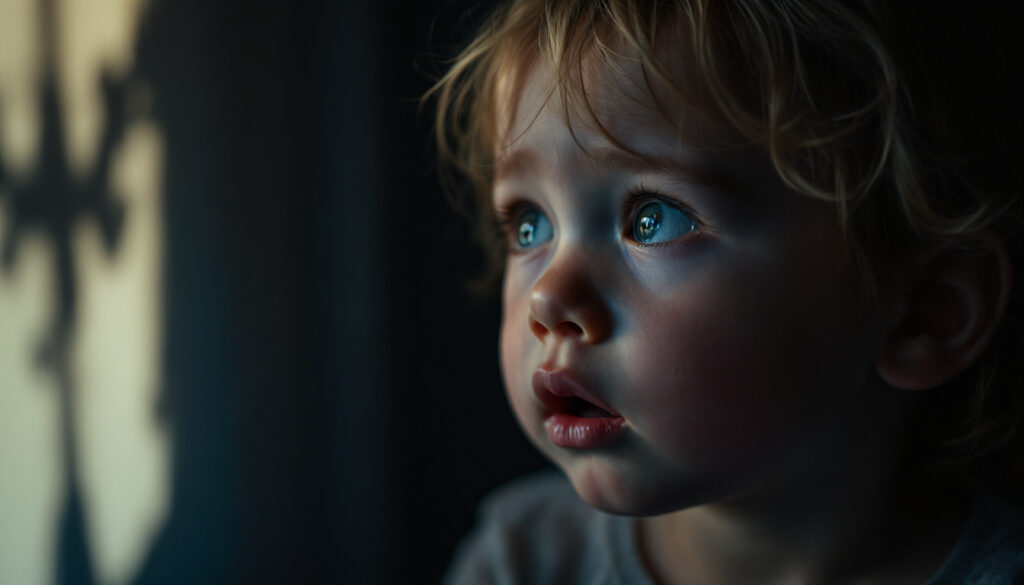 niño mirando al frente con expresion pensativa y luz tenue