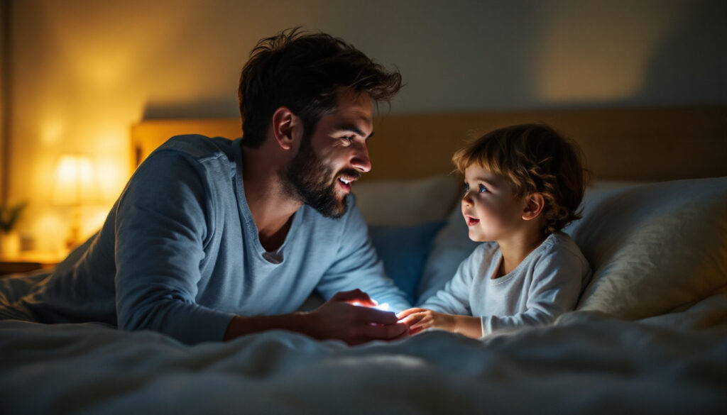 padre conversando con su hijo en la cama con luz calida