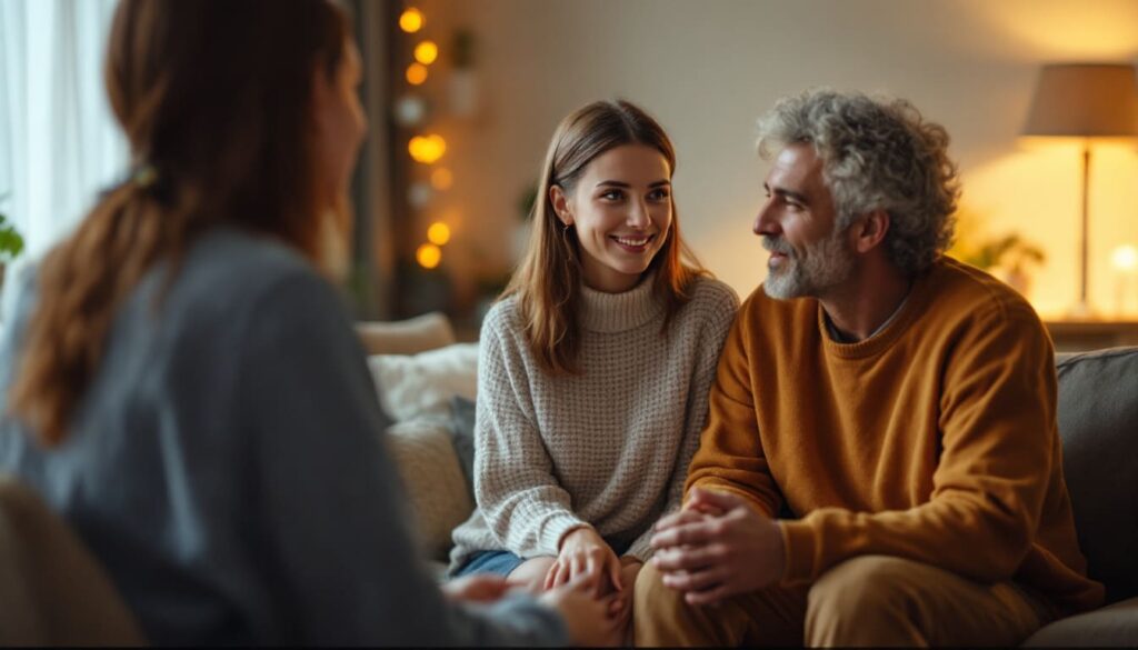 pareja feliz con iluminacion calida en casa