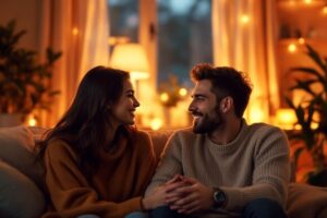 pareja sonriendo mirandose en ambiente romantico