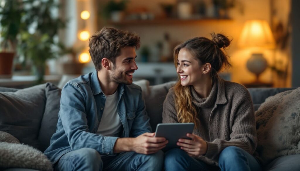 pareja compartiendo tableta en sofa con luz tenue y sonrisa cercana y natural