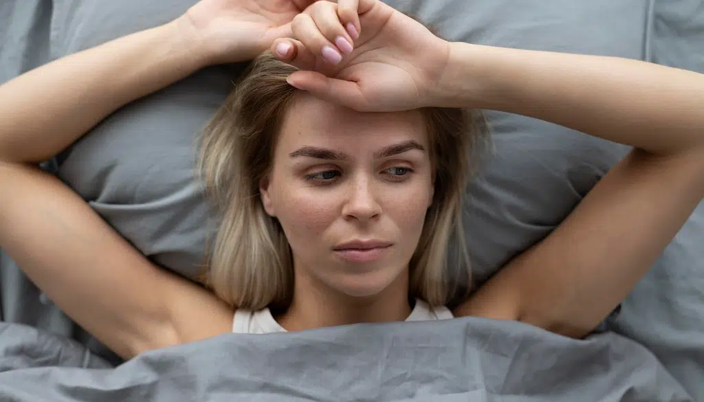 Mujer en la cama intentando controlar su ansiedad